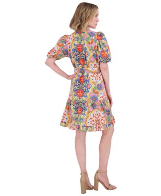 Vince Camuto Women's Printed Cotton Tie-Waist A-Line Dress - Macy's