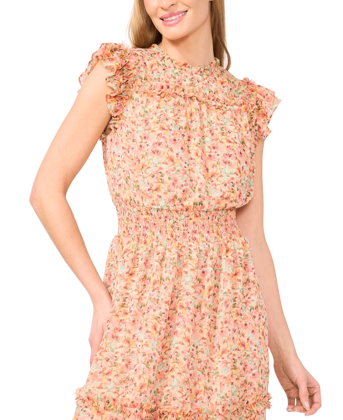 Cece Floral Ruffle Midi Dress In Mint Lime