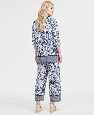 Tommy Hilfiger Womens Printed Long Sleeve Tunic Wide Leg Pants In Sky Captain,bright White