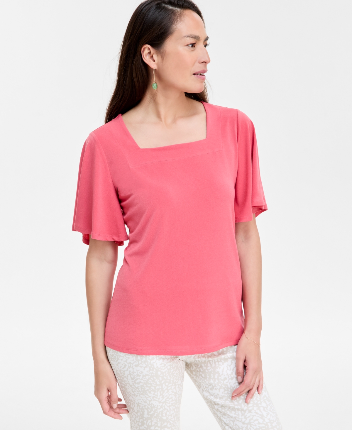 JM COLLECTION WOMEN'S SOLID FLUTTER-SLEEVE SQUARE NECK CREPE TOP, EXCLUSIVELY AT MACY'S 