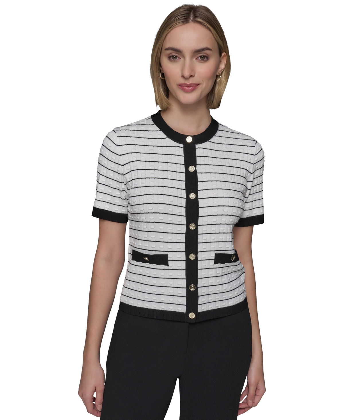 Shop Karl Lagerfeld Women's Striped Short-sleeve Cardigan In Soft White Black