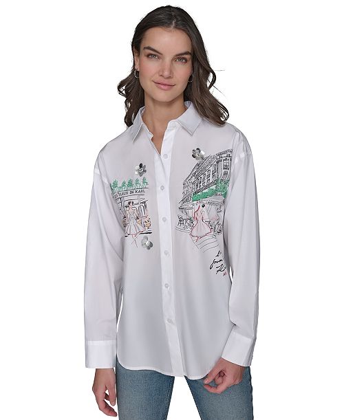 alfani KARL LAGERFELD PARIS Women's Cotton Paris Scene Embellished Button-Front Top Women's Fashion Shoes & Accessories