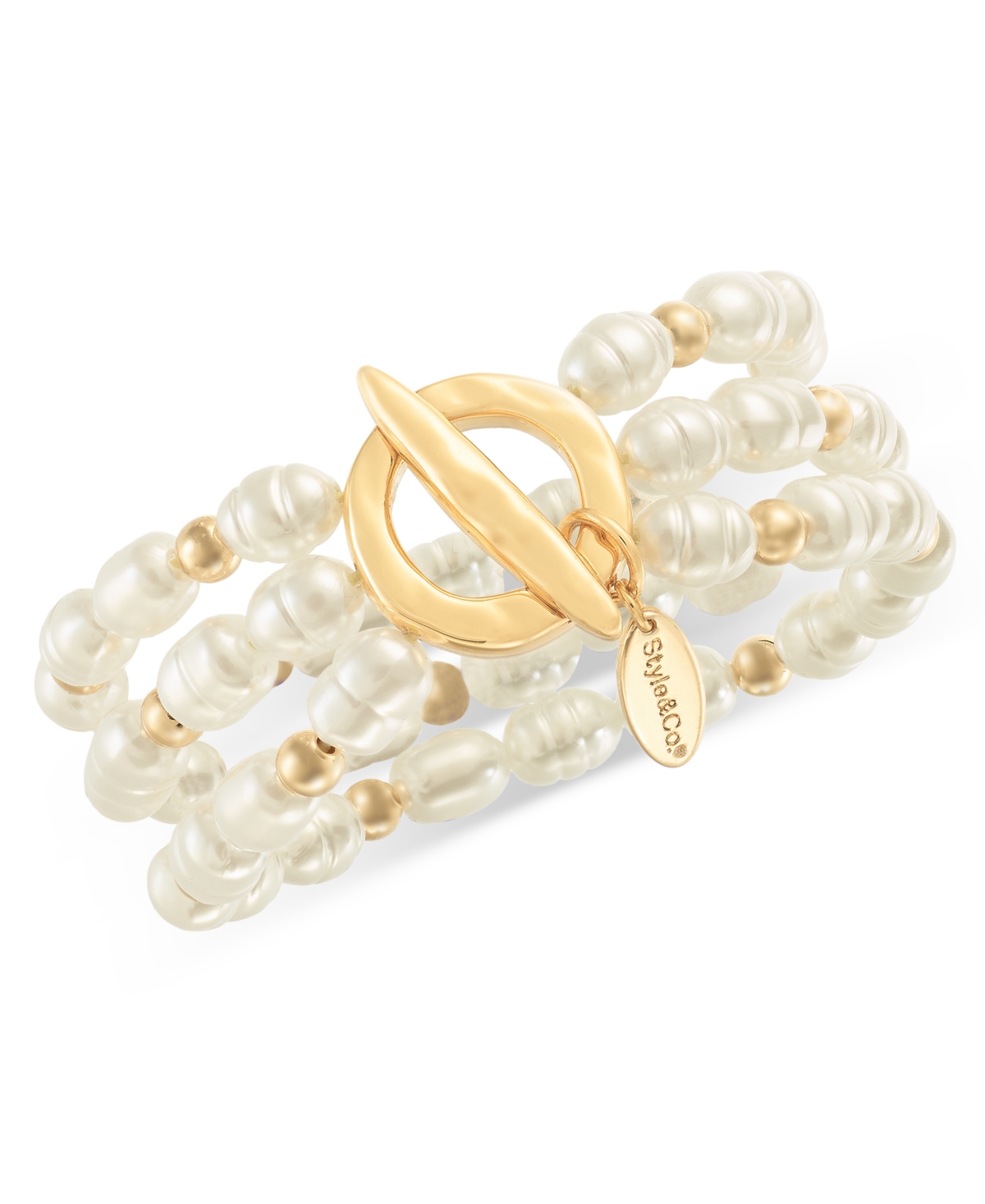 Style & Co Gold-tone Imitation Pearl Beaded Triple-row Stretch Bracelet, Exclusively At Macy's