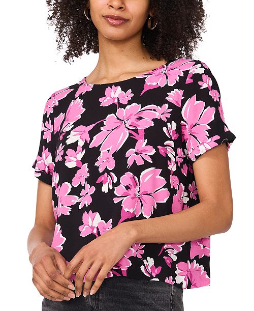 alfani Vince Camuto Women's Rolled-Cuff Printed Blouse Women's Fashion Shoes & Accessories