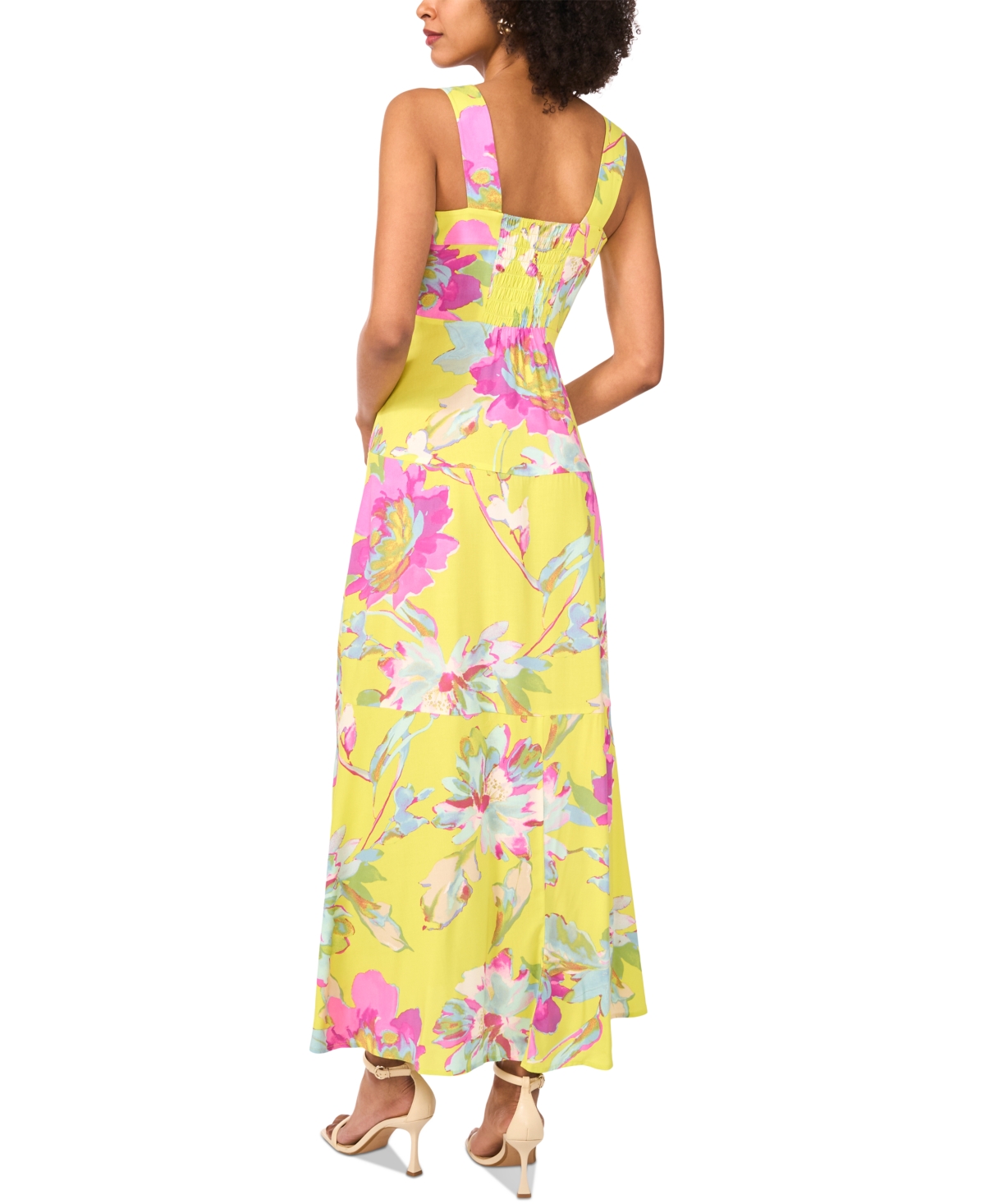 VINCE CAMUTO WOMEN'S FLORAL SQUARE-NECK SMOCKED-BACK SLEEVELESS MAXI DRESS 
