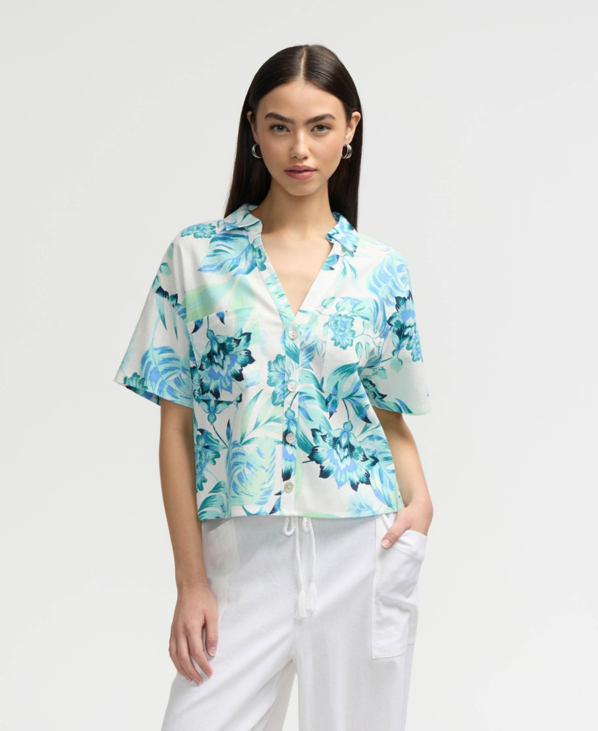 Women s Cropped Button Front Shirt - Tropical blue