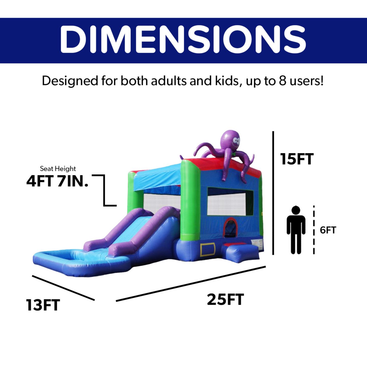Детская игрушка HERO Kiddo Octopus 13' W x 25' L x 15' H Water Slide, Splash Pool & Basketball Hoop Bounce House, 700 lbs, Ages 3+, цвет: Зелёный — фото 8