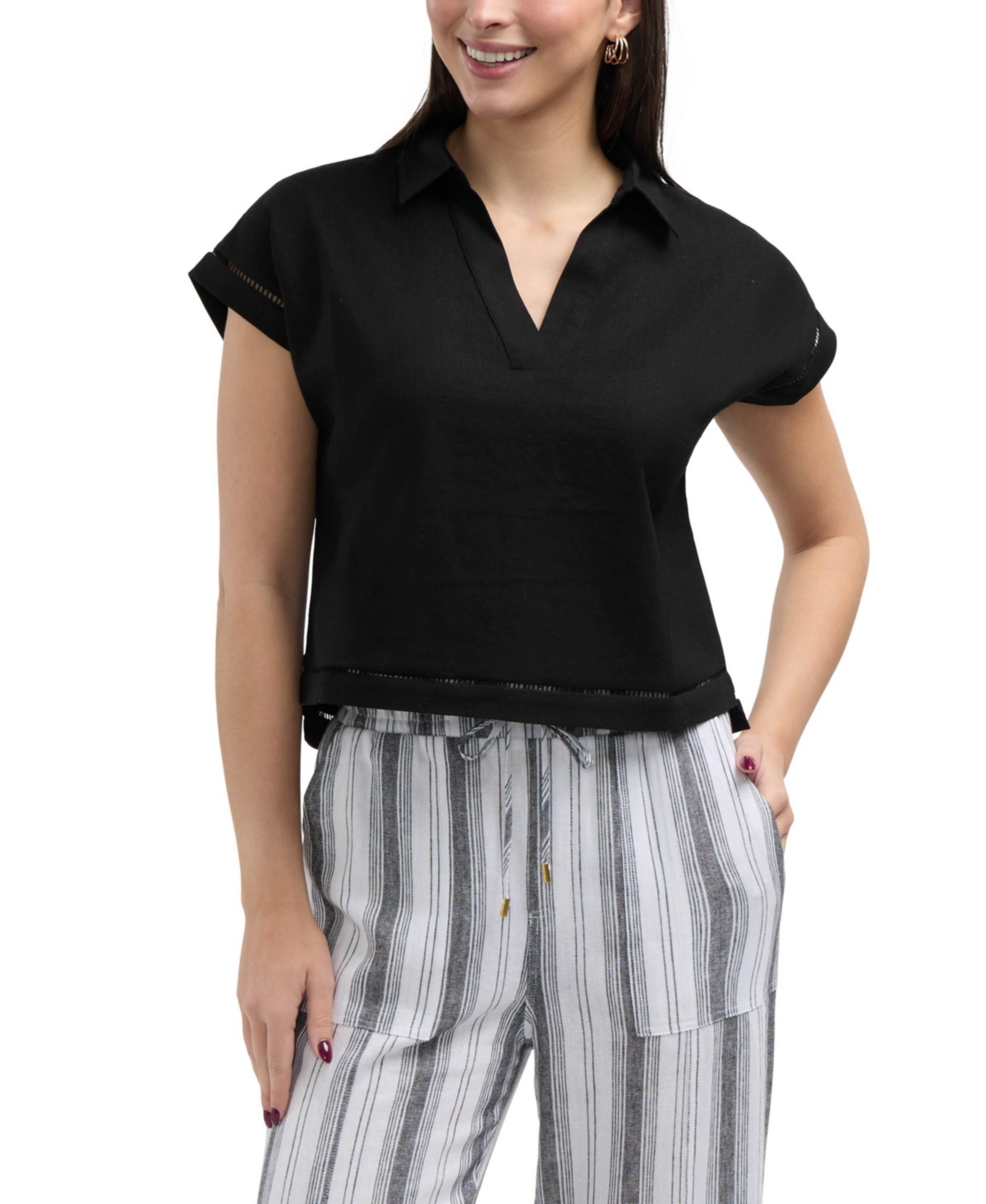 Women s Linen Blend Top with Cuffed Sleeve - Black