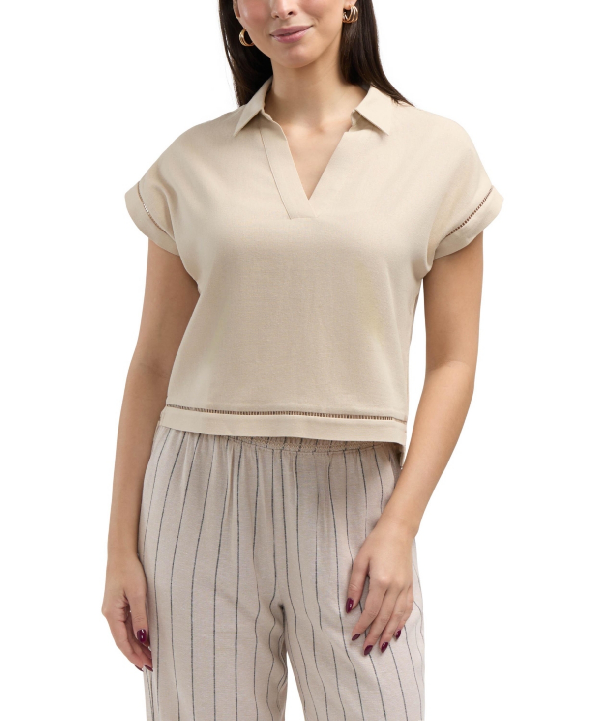 Women s Linen Blend Top with Cuffed Sleeve - Linen