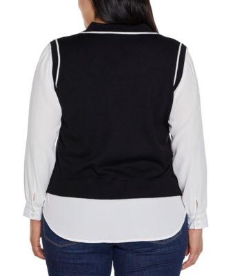 Plus Size Collared Split-Neck Two-Fer Sweater