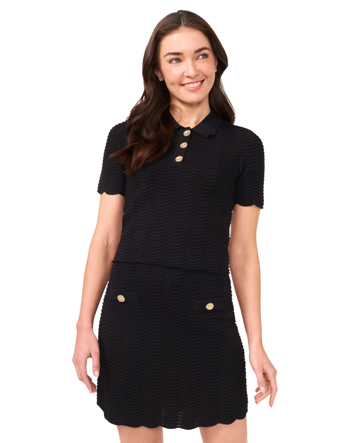 Women's Scalloped Jewel-Button Short-Sleeve Sweater - Rich Black
