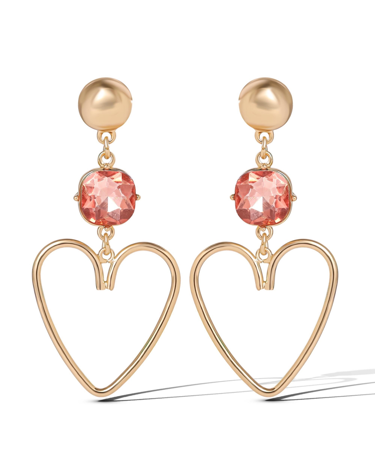 Gold-Tone Heart Drop Earrings with Pink Crystal Accent - Gold tone, pink