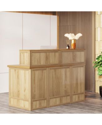 Reception Desk with Counter, 57-Inch Rustic Front Desk Receptionist Table, Boho Welcome Desk Checkout Counter for Office, Retail, Lobby, Beauty Salon