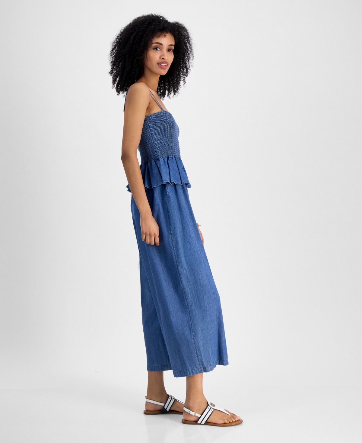 Tommy Hilfiger Women's Chambray Peplum Jumpsuit In Med Benson