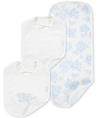 Baby Girls Blue Roses Cotton Burp Cloth & Bibs, 3 Piece Set