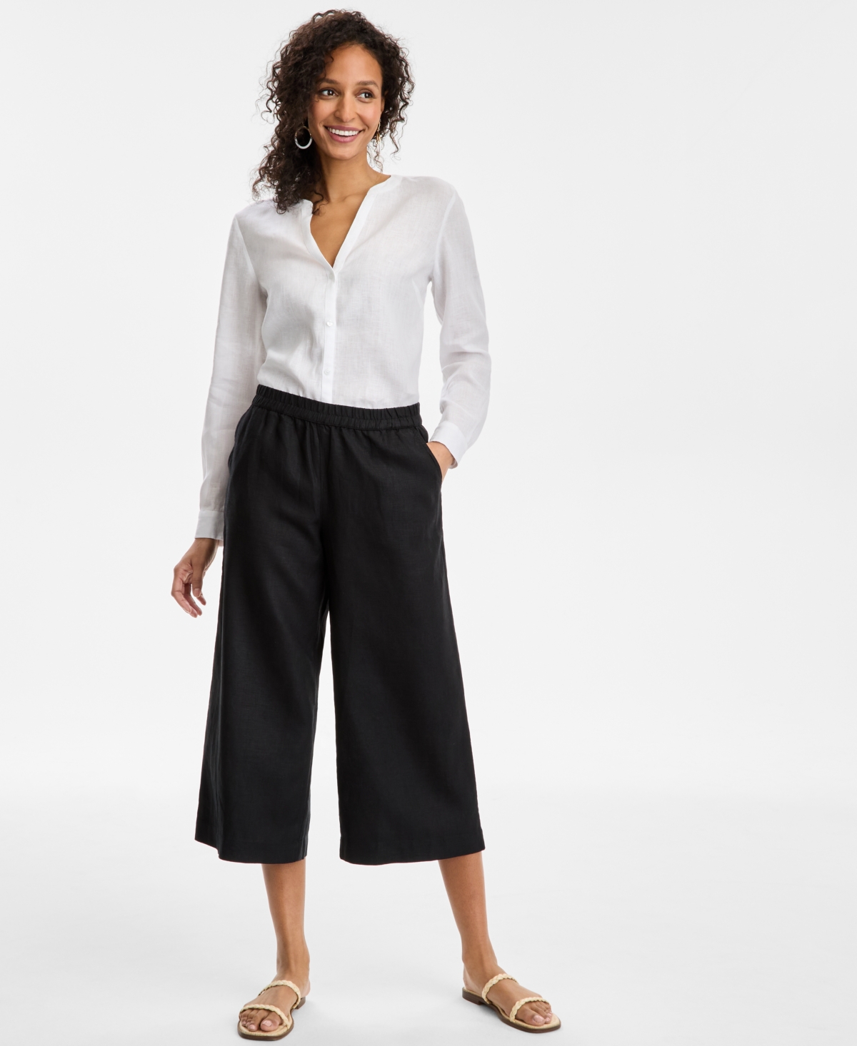 Women's Cropped Wide-Leg 100% Linen Pants, Exclusively at Macy's - Deep Black