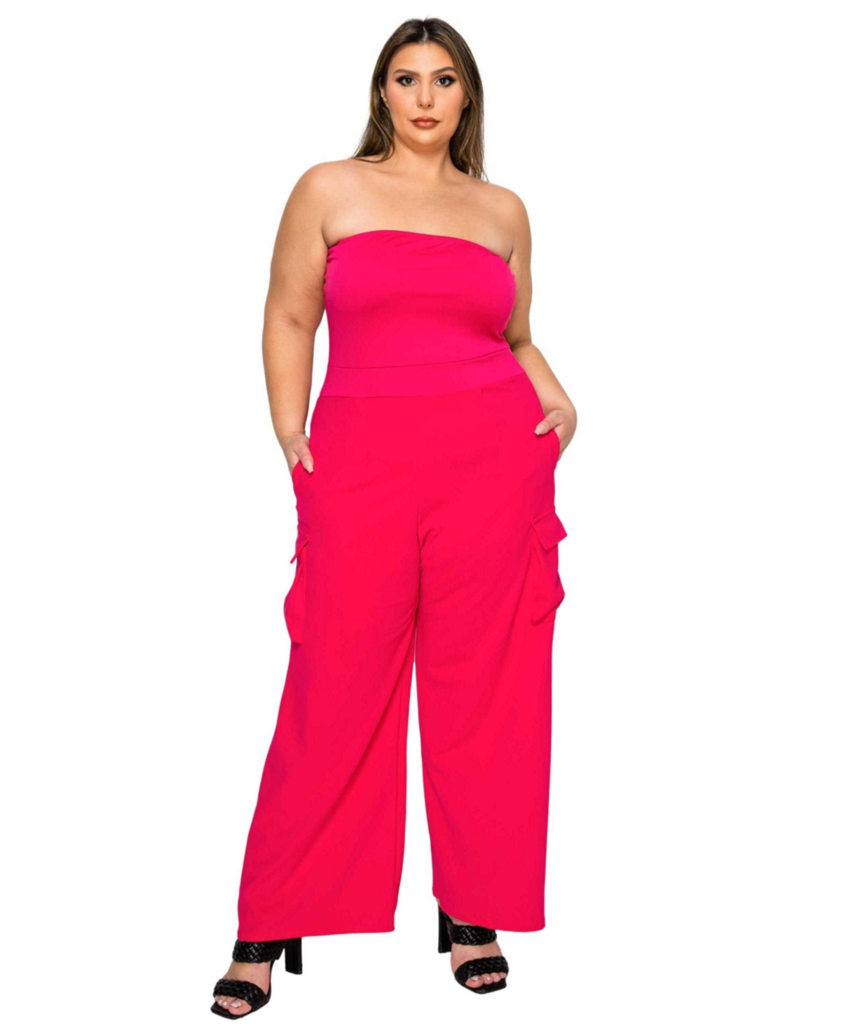 Women's Plus Size Yumi Sleeveless Cargo Jumpsuit - Fuchsia