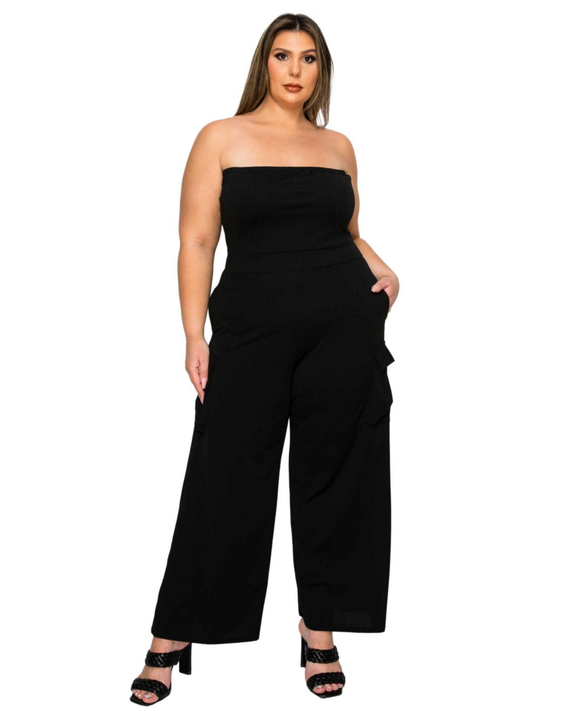 Women's Plus Size Yumi Sleeveless Cargo Jumpsuit - Fuchsia