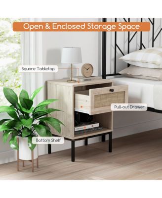 Rattan Nightstand Boho End Table with Drawer & Open Shelf for Living Room
