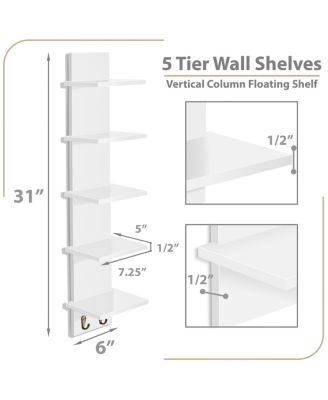 2 Pack 5 Tier Wall Mounted Floating Shelf Unit with Hooks - Home Decor and Storage Organizer