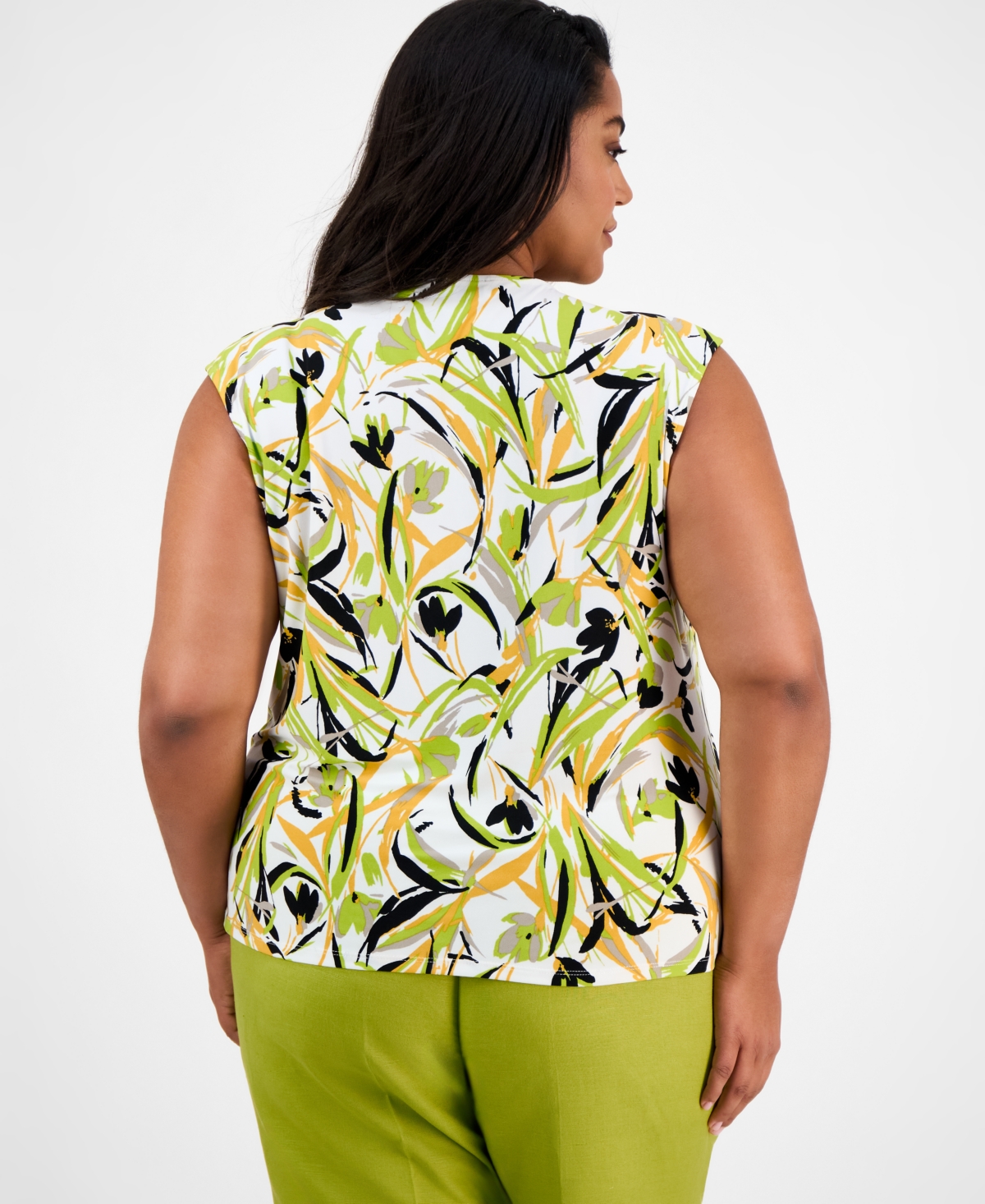Kasper Plus Size Printed Keyhole-neck Sleeveless Top In Lily White Multi