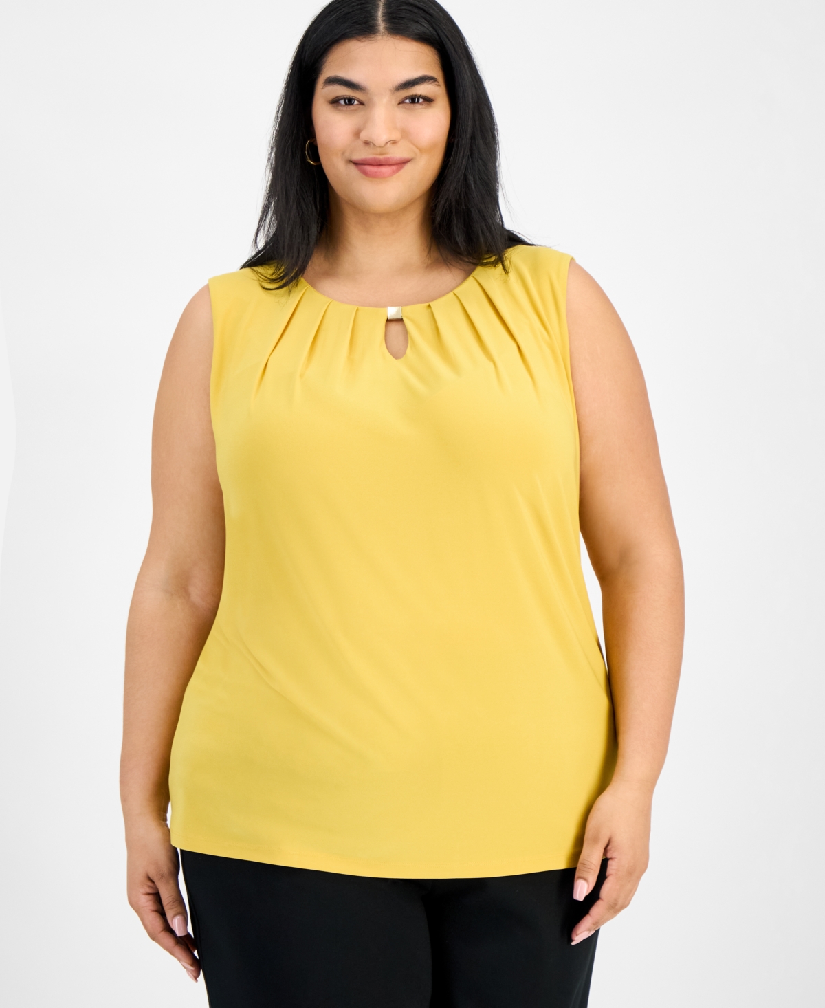 Plus Size Sleeveless Pleated Keyhole Blouse - Butterscotch