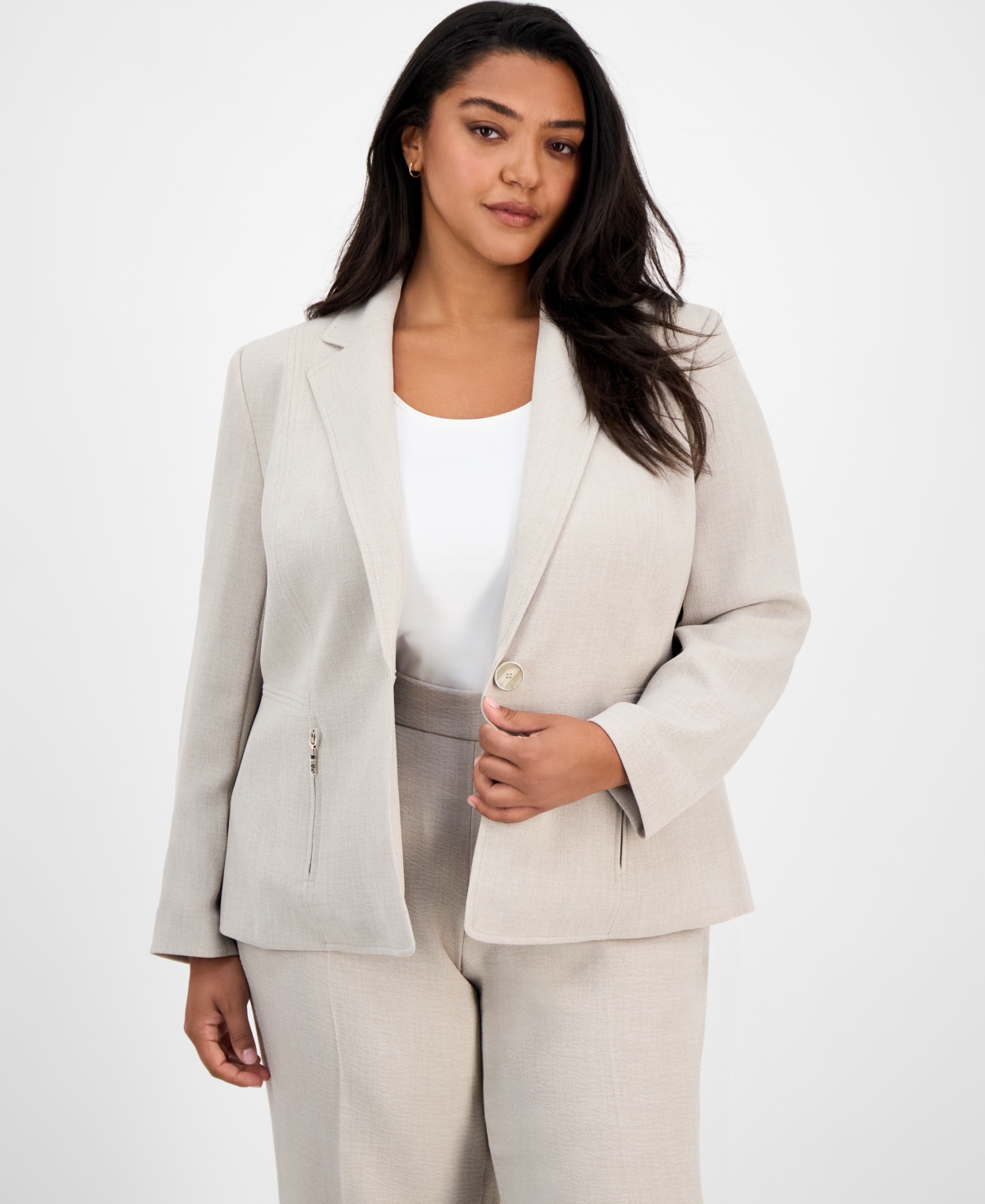 Plus Size One-Button Zip-Pocket Blazer - Summer Straw