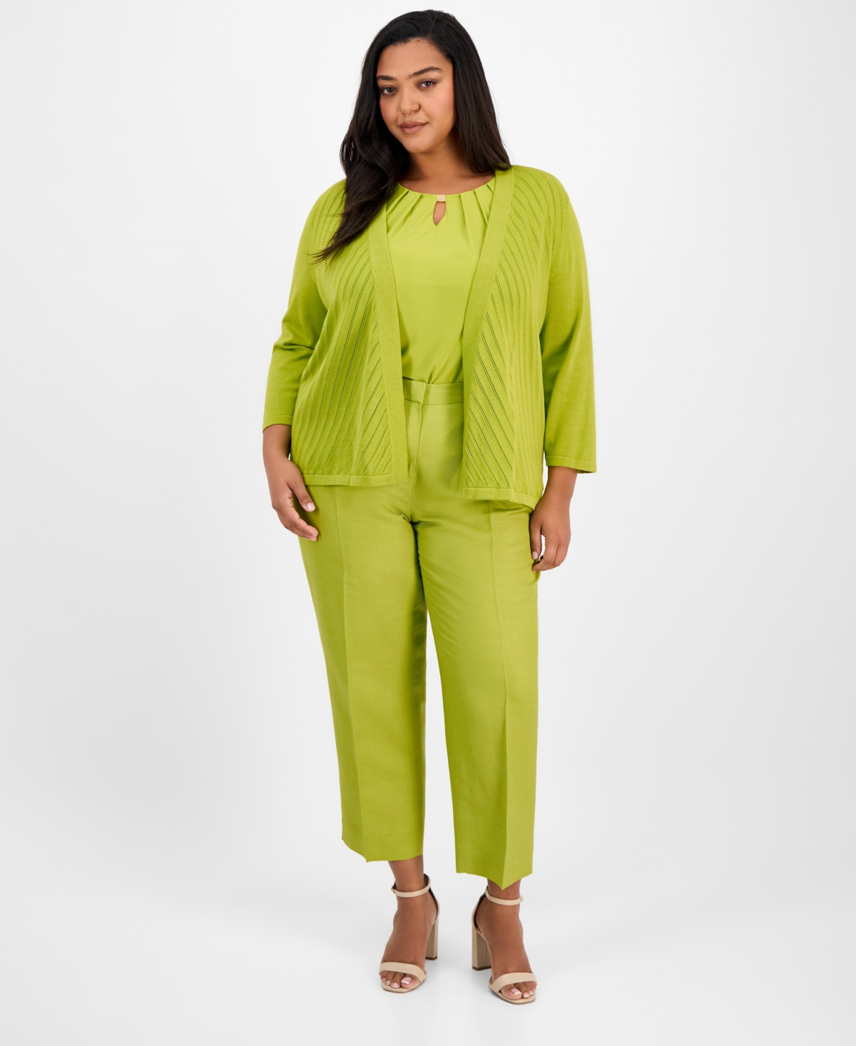Kasper Plus Size Diagonal Stitch Open-front Cardigan In Kiwi