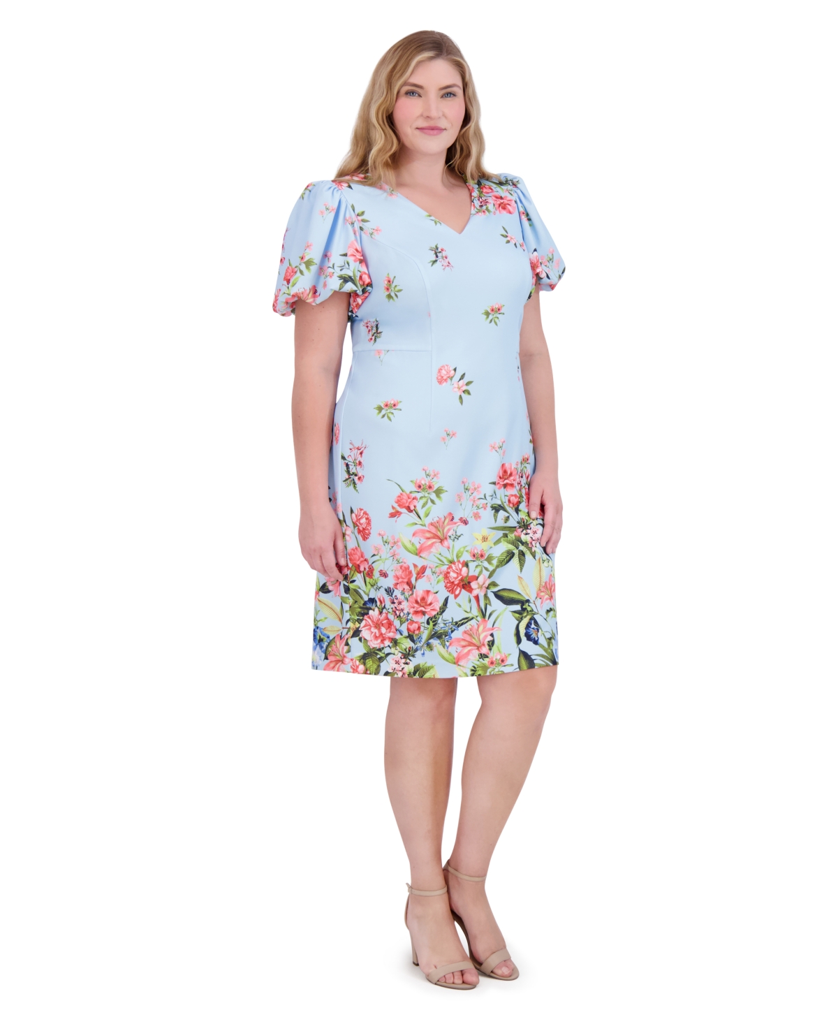 Shop Eliza J Plus Size Printed V-neck Puff-sleeve Dress In Light Blue