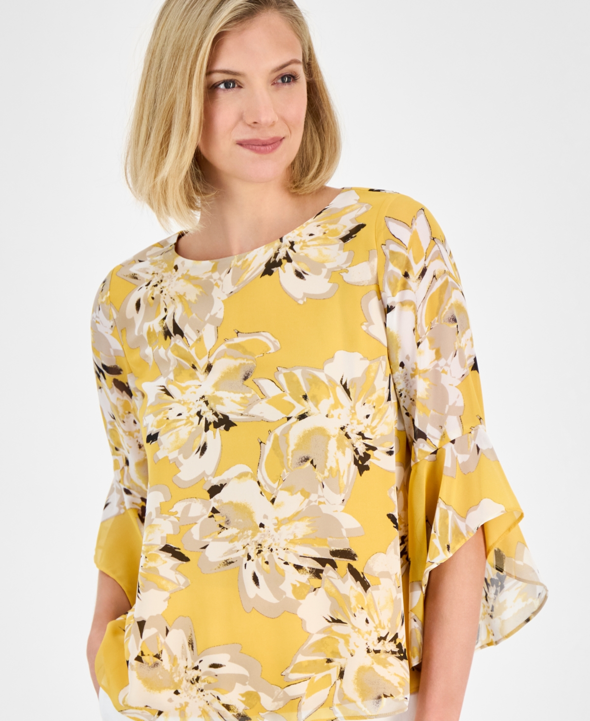 Kasper Women's Printed Ruffled Bell-sleeve Top, Regular & Petite In Butterscotch Multi