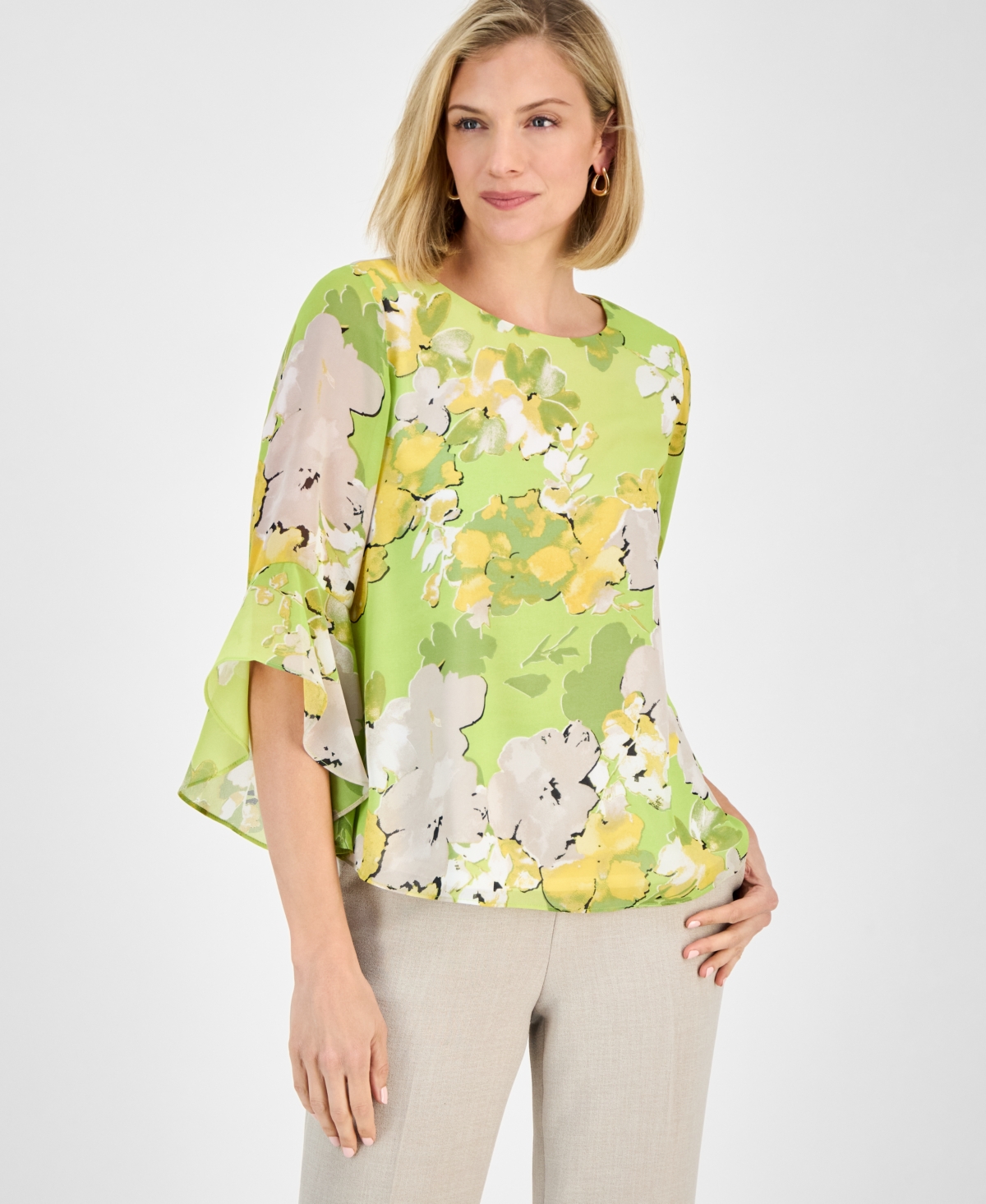 Women's Printed Ruffled Bell-Sleeve Top - Kiwi Multi