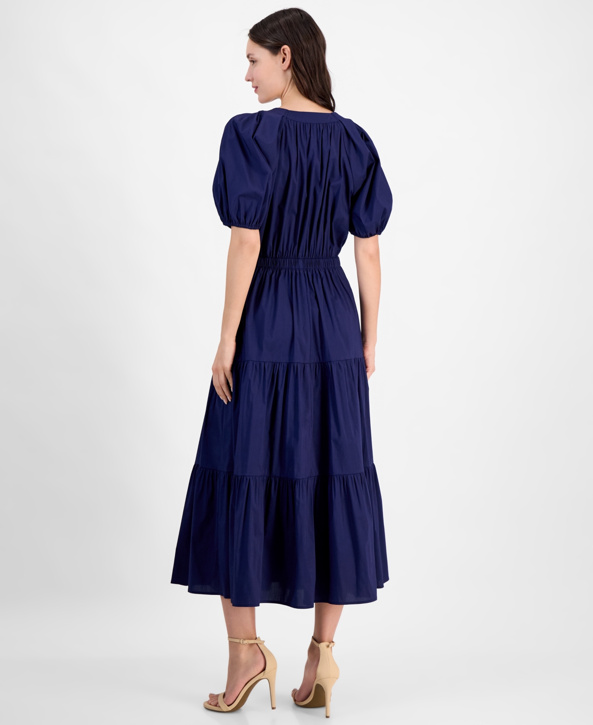 Anne Klein Petite Puff-sleeve Tiered Denim Midi Dress In Blue