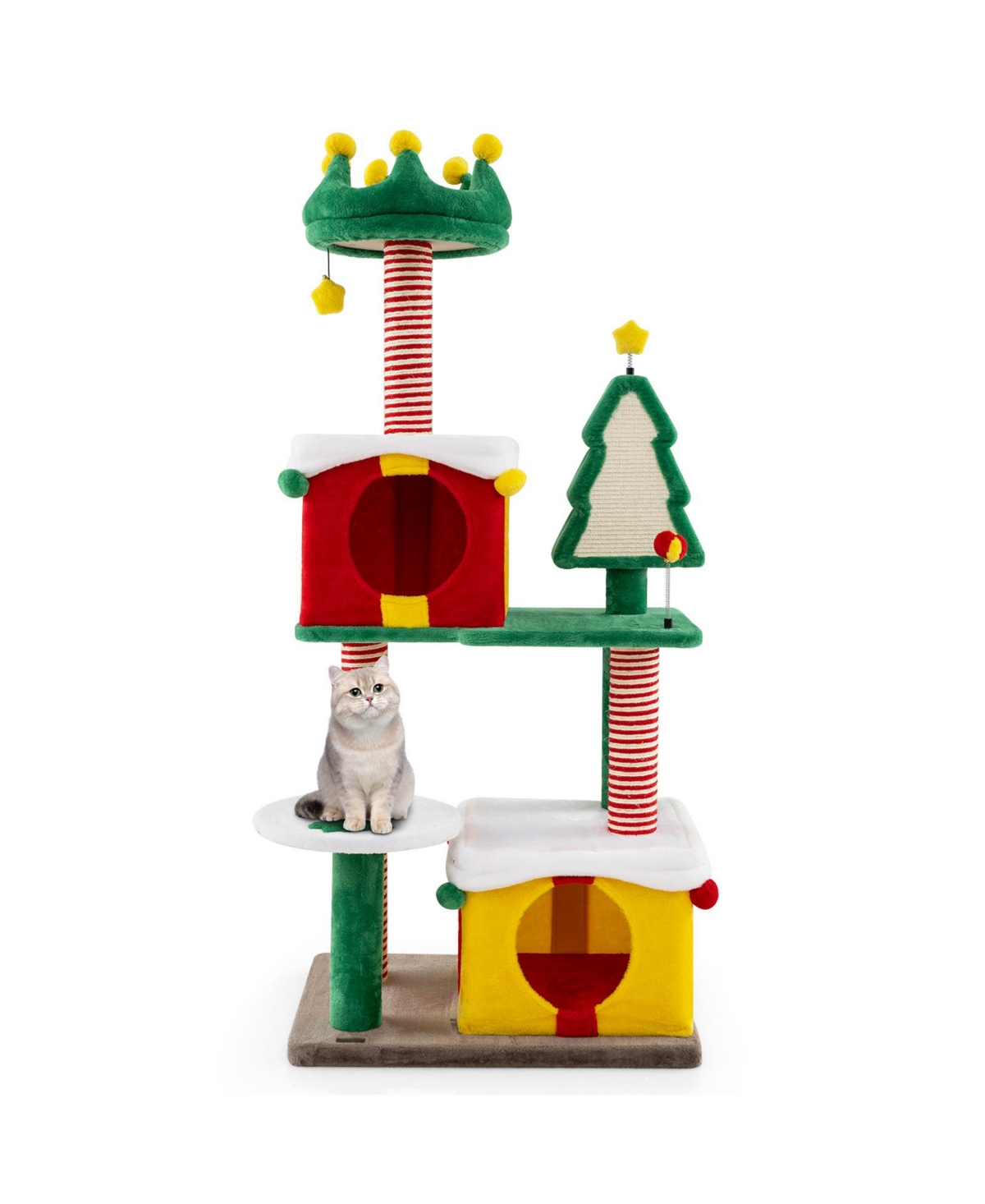 Cute Christmas Cat Tree with Scratching Posts & Carpet Festive Cat Tower for Indoor Cats - Green, Red, Yellow