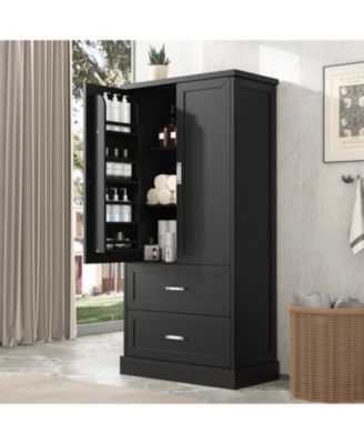 Tall Bathroom Storage Cabinet, Cabinet with Two Doors and Drawers, Adjustable Shelf, MDF Board, Black