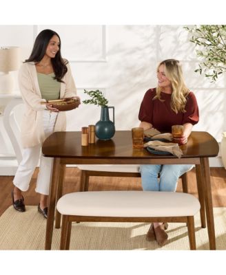 3-Piece Mid-Century Modern Upholstered Wooden Dining Set w/ 2 Bench Seats - Walnut/Cream