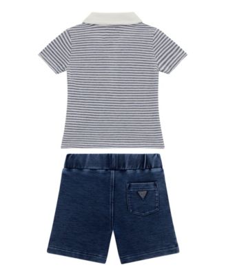 Baby Boys 2-Piece Yarn Dye Piquet Polo and Knit Denim Short Set