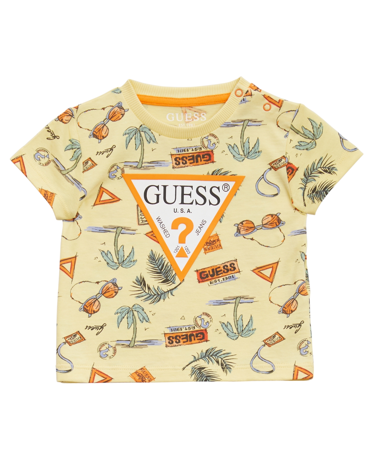 Guess Baby Boys 2-piece Short All Over Print Short Sleeve T-shirt And Knit Denim Short Set In Yellow