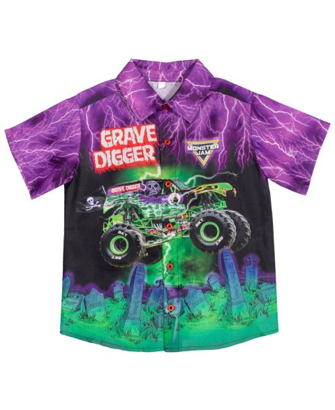 Рубашка Monster Jam Grave Digger Hawaiian Button Down Dress Shirt для мальчиков, цвет: Фиолетовый / Зелёный