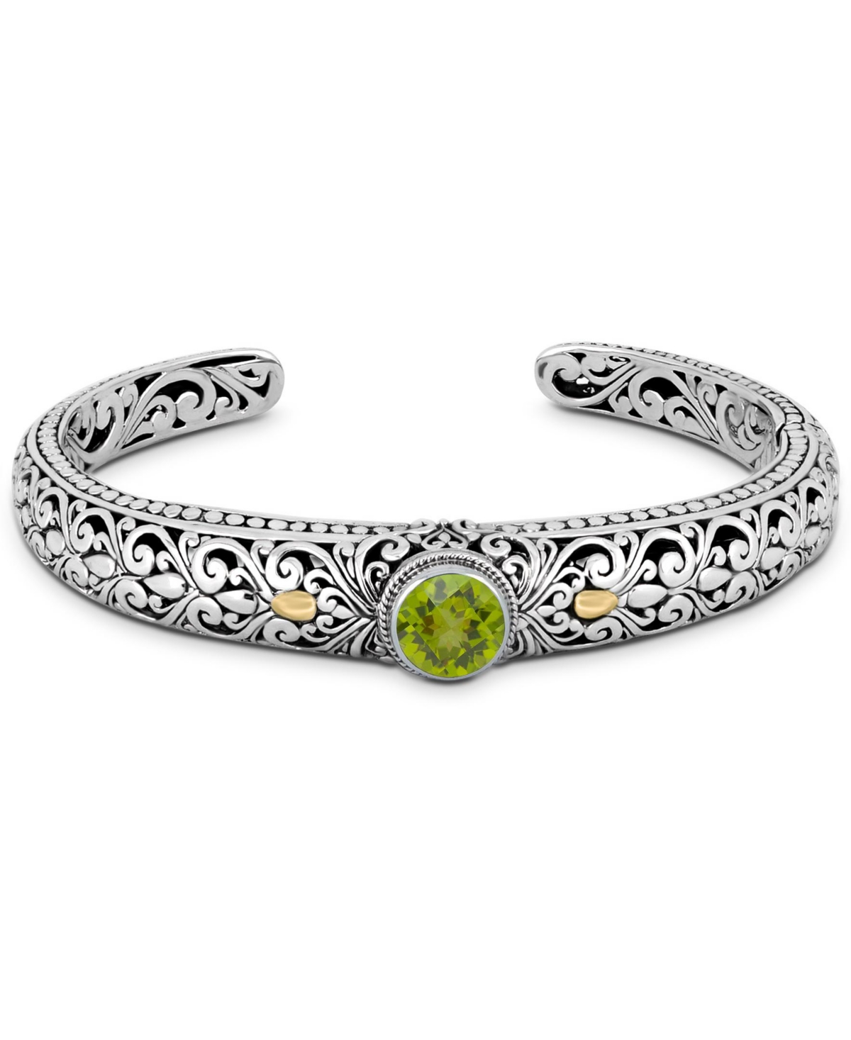 Peridot & Bali Filigree Cuff Bracelet in Sterling Silver and 18K Gold Accents, Small - Silver, gold, green