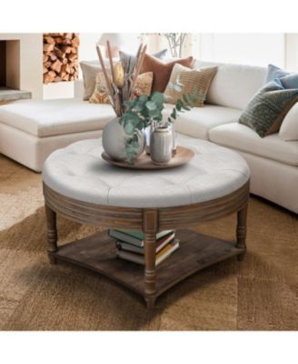  Round Waterproof Ottoman Table Tufted Storage Coffee Table with Shelf