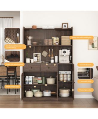 71" Tall Reeded Glass Door Kitchen Cabinet with Microwave Stand