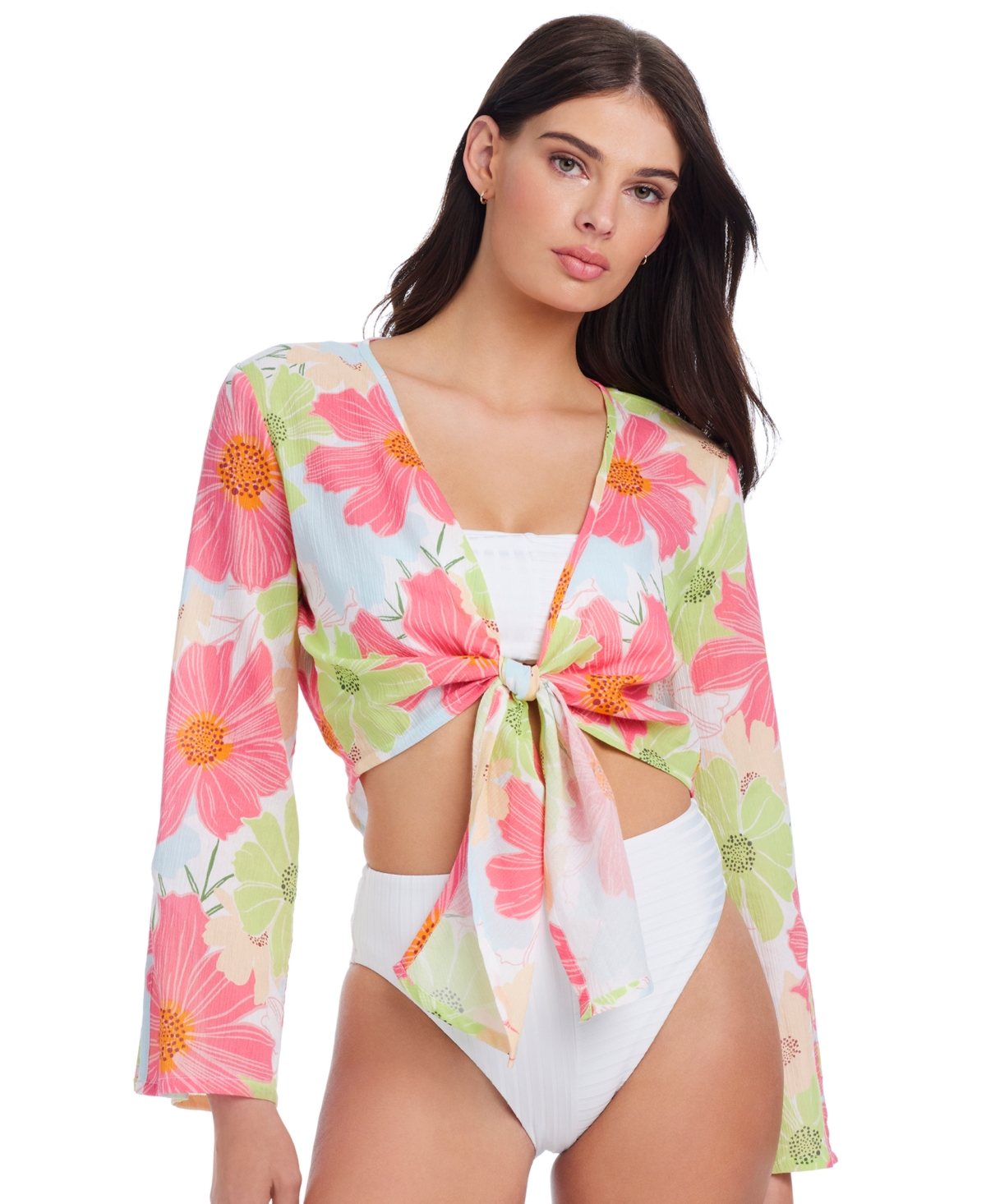 Women's Charming Cotton Crinkle Tie-Front Cover-Up Top - White