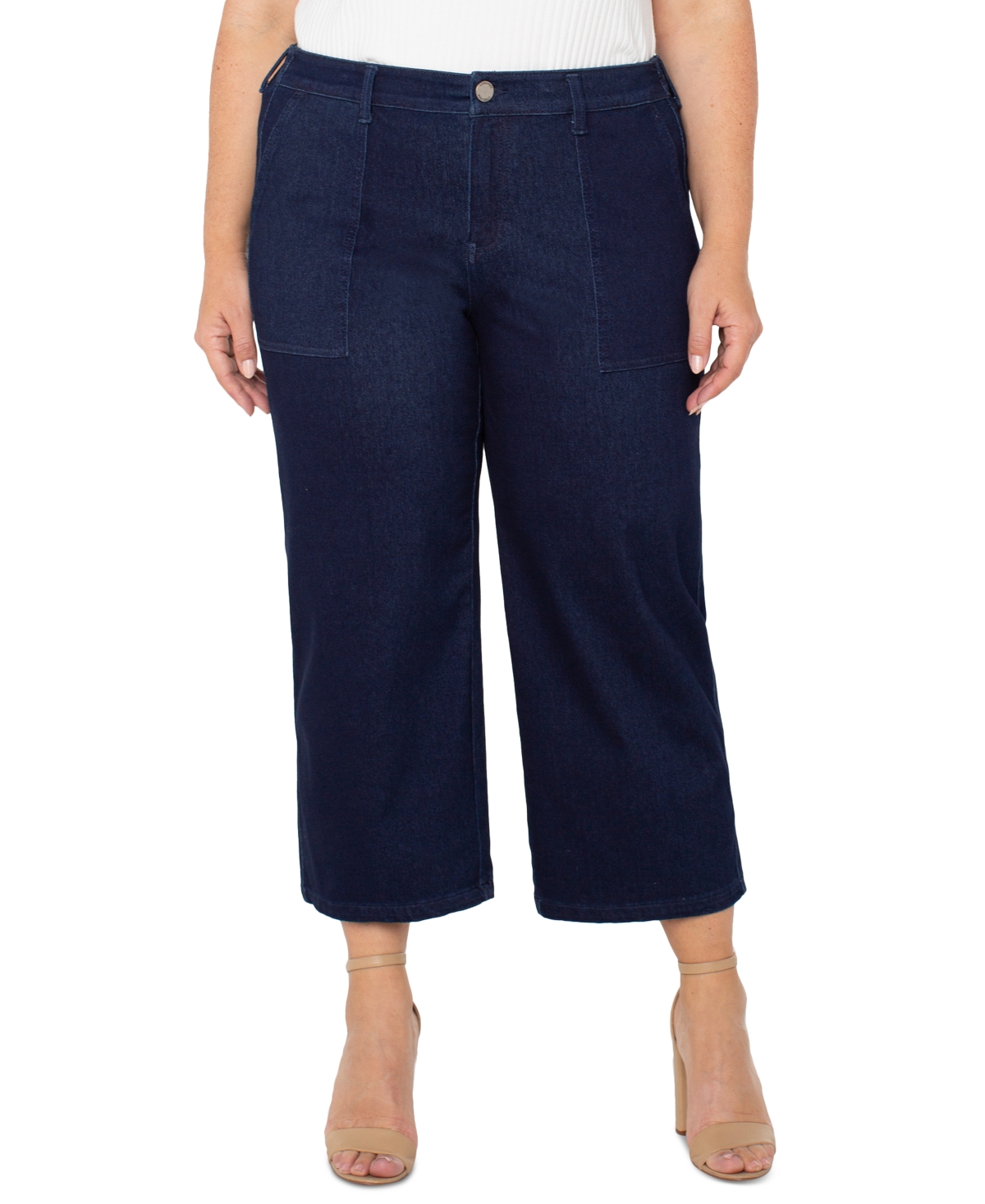 Liverpool Plus Size Cropped Wide-Leg Denim Cargo Pants - Indigo Rinse