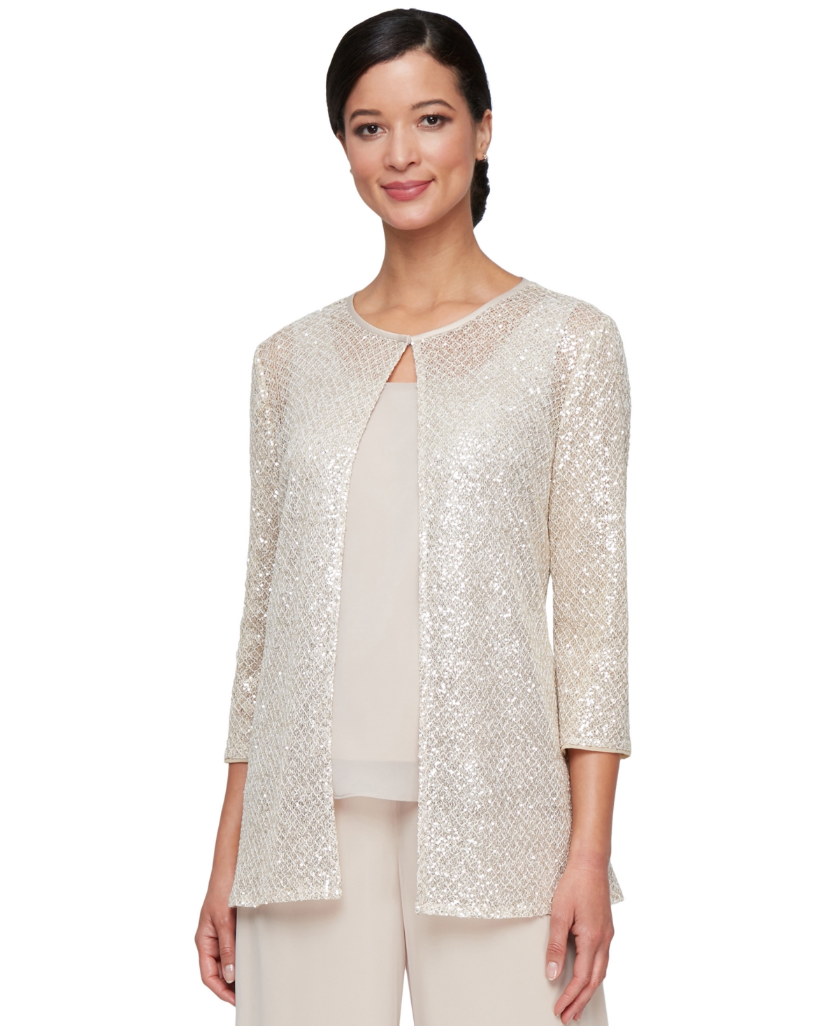 Women's Sequined 3/4-Sleeve Jacket & Chiffon Shell Set - Taupe