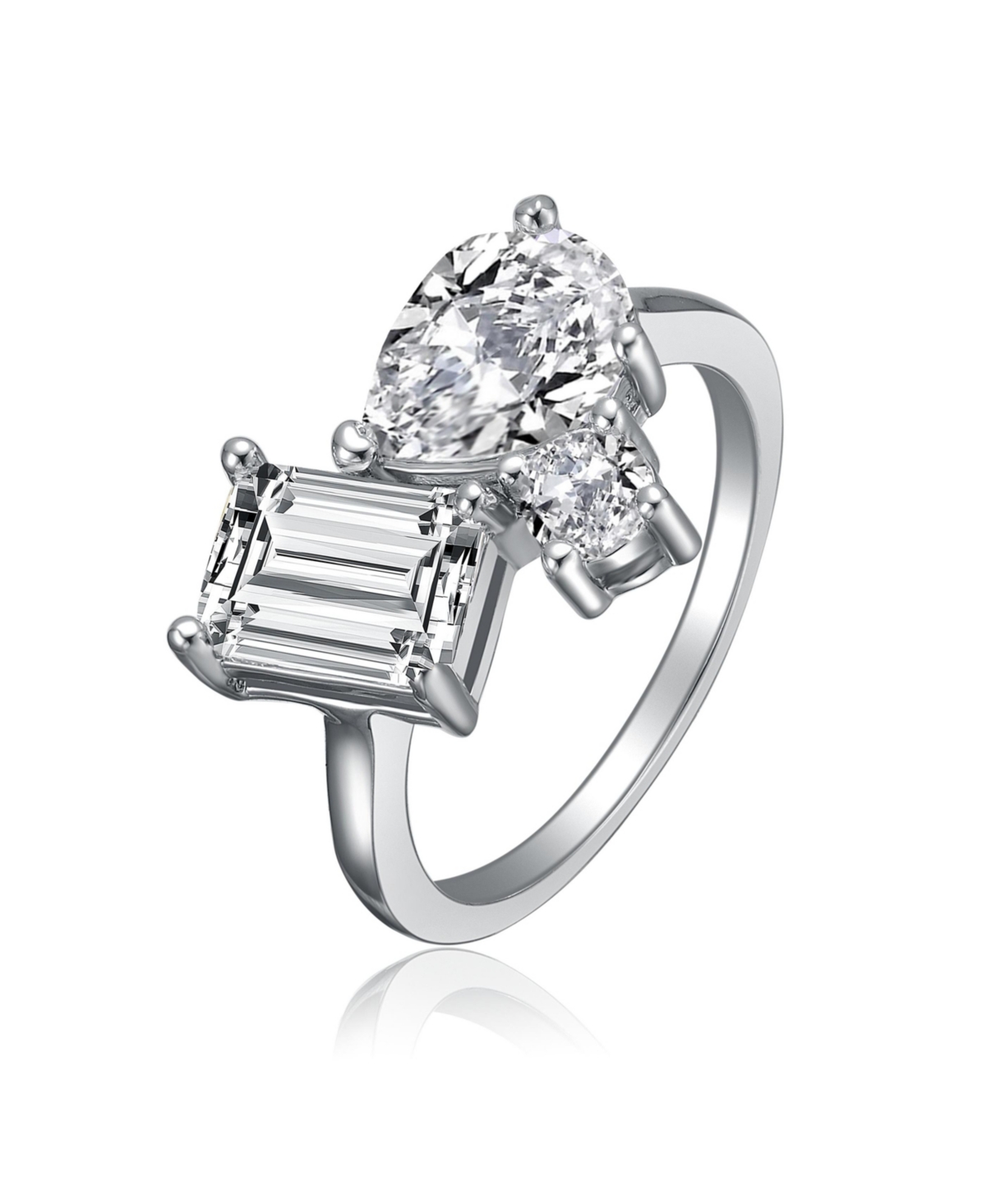 Sterling Silver White Gold Plated with Clear Cubic Zirconia 3-Stone Ring - White