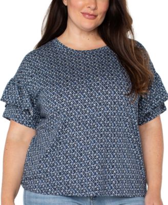 Liverpool Los Angeles - Plus Size Printed Ruffled Half-Sleeve Top