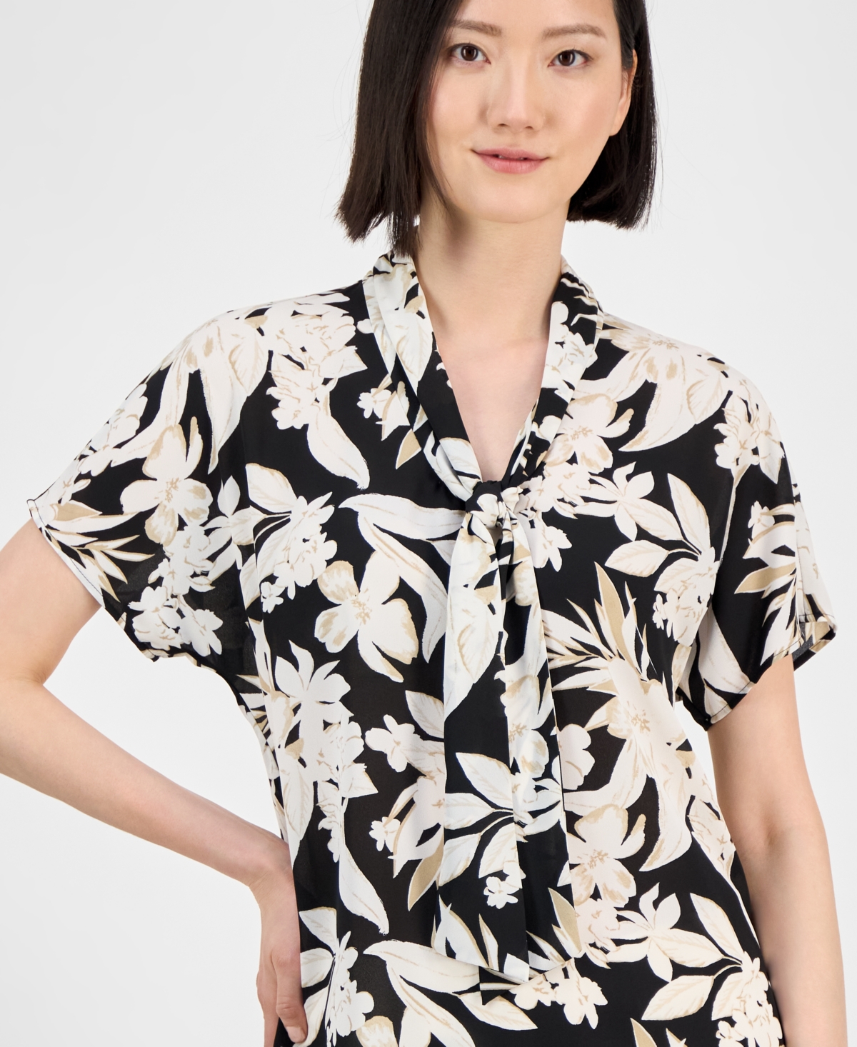 Anne Klein Pussybow Dolman Sleeve Top In Black Mutli