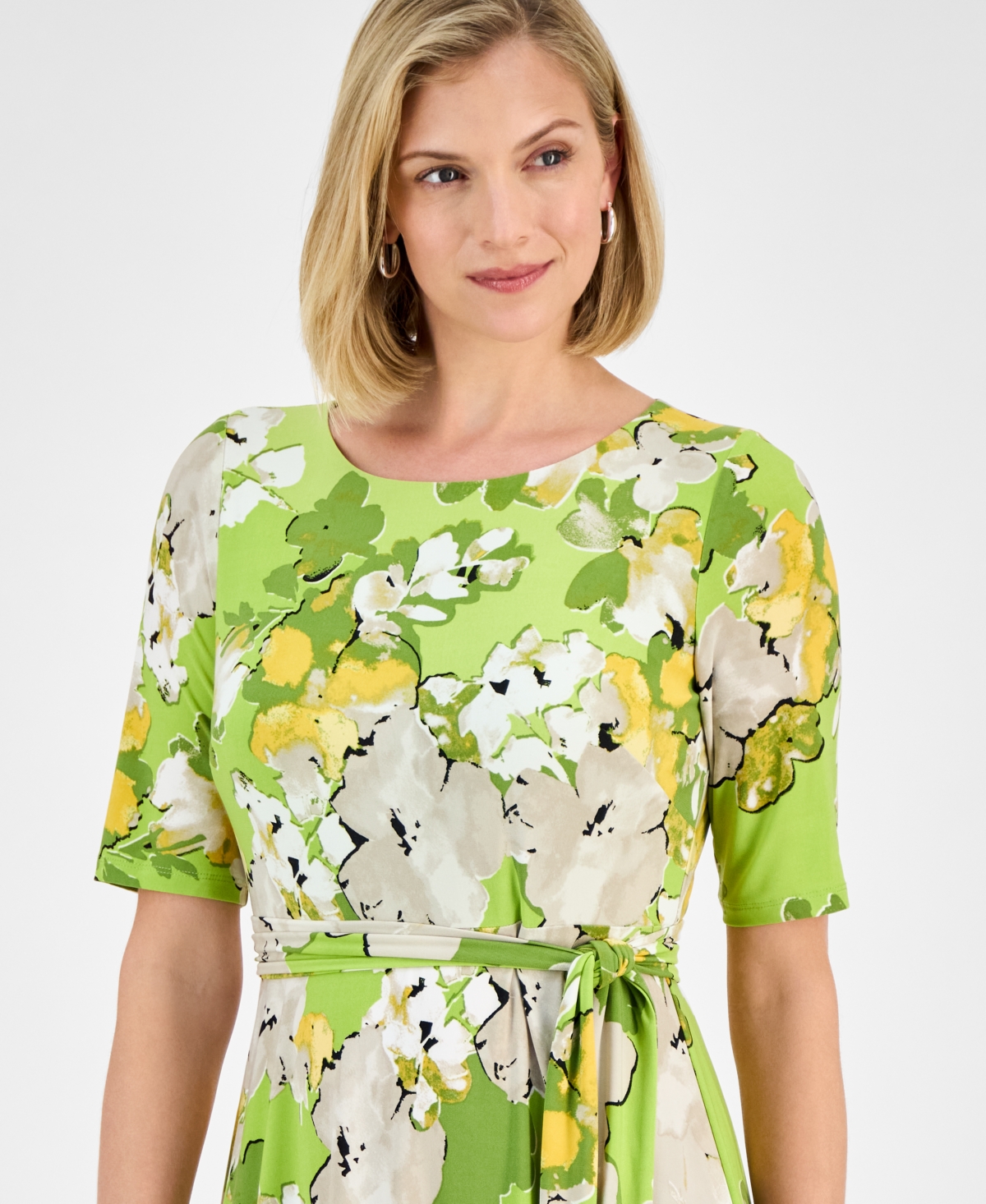 Kasper Plus Size Printed Tie-waist Midi Dress In Kiwi Multi