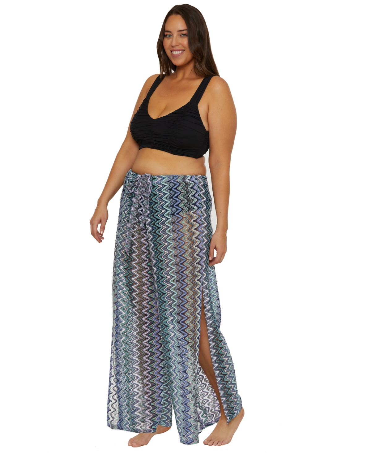BECCA ETC PLUS SIZE SUNDOWN STRIPE CROCHET SPLIT-LEG PANTS SWIM COVER-UP 