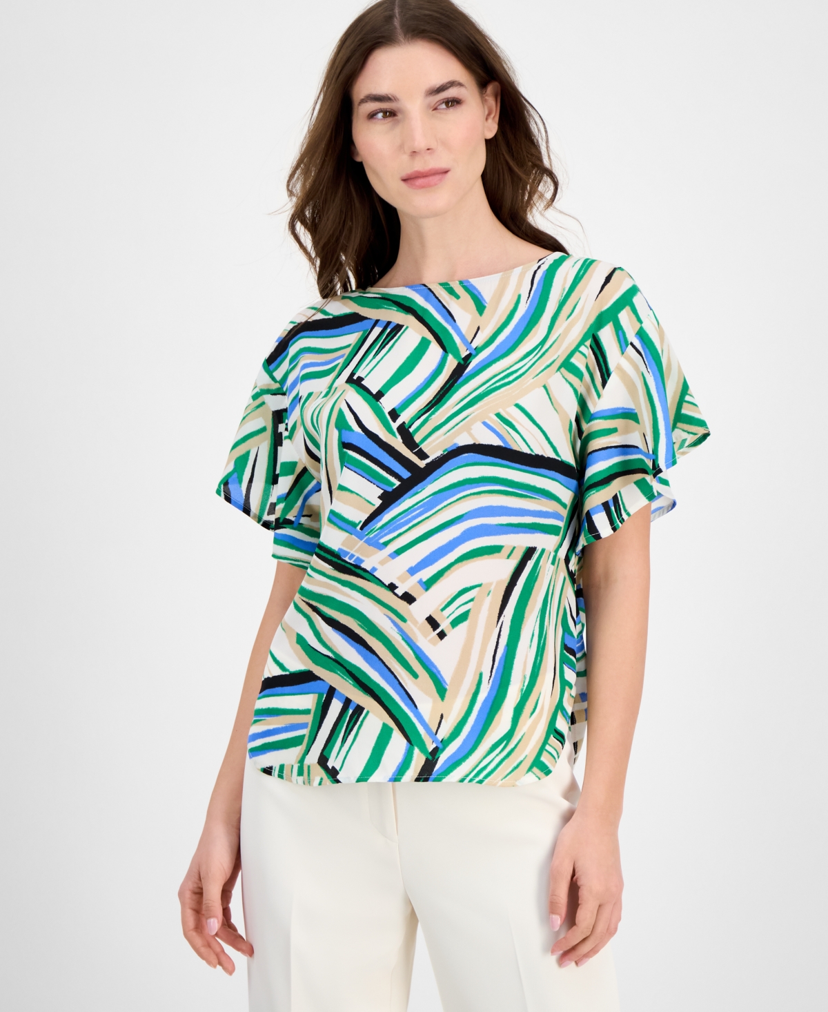 Anne Klein Plus Size Printed Flutter-sleeve Blouse